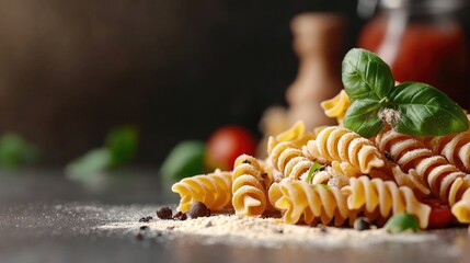 Delicious pasta with basil, tomatoes, and spices