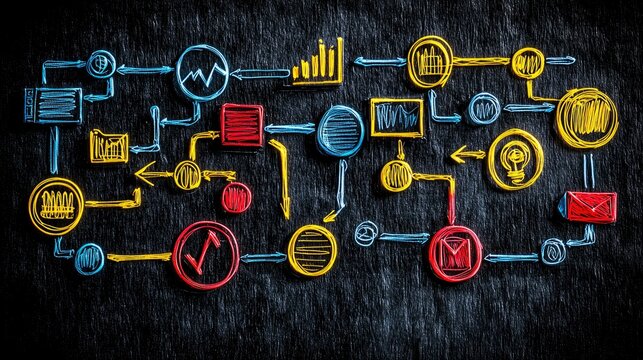 Hand-drawn Workflow Diagram on Dark Background - Business Process, Strategy, and Planning Concept