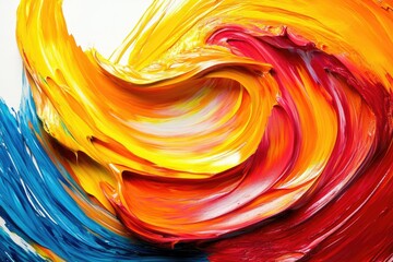 Vibrant swirl of red, orange, and blue oil paints; abstract art showcasing dynamic brushstrokes and...