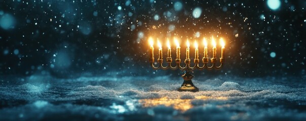 Lit hanukkah menorah in snowy dark setting with soft bokeh lights