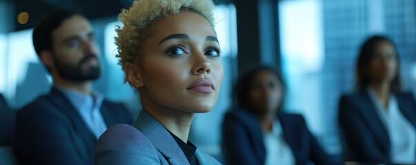 Obraz premium Young woman in business meeting with diverse colleagues in modern office setting