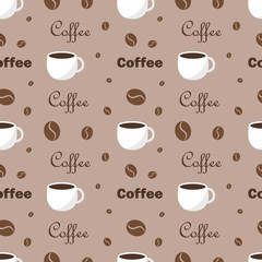 Seamless pattern with coffee cups and text on beige background