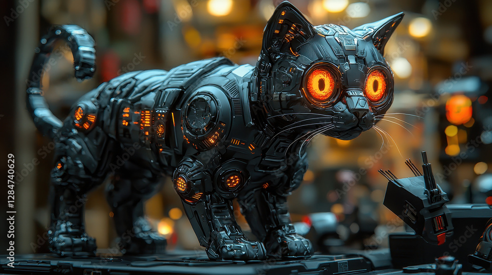 Poster sleek cyberpunk cat with robotic limbs disrupts devices with usb tail in a futuristic tech environme