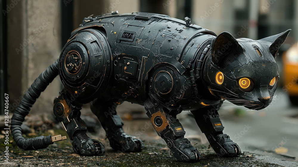 Poster sleek cyberpunk cat with robotic limbs and usb tail causes chaos by unplugging devices in a futurist