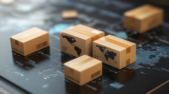 Cardboard boxes with world map, digital interface, global shipping
