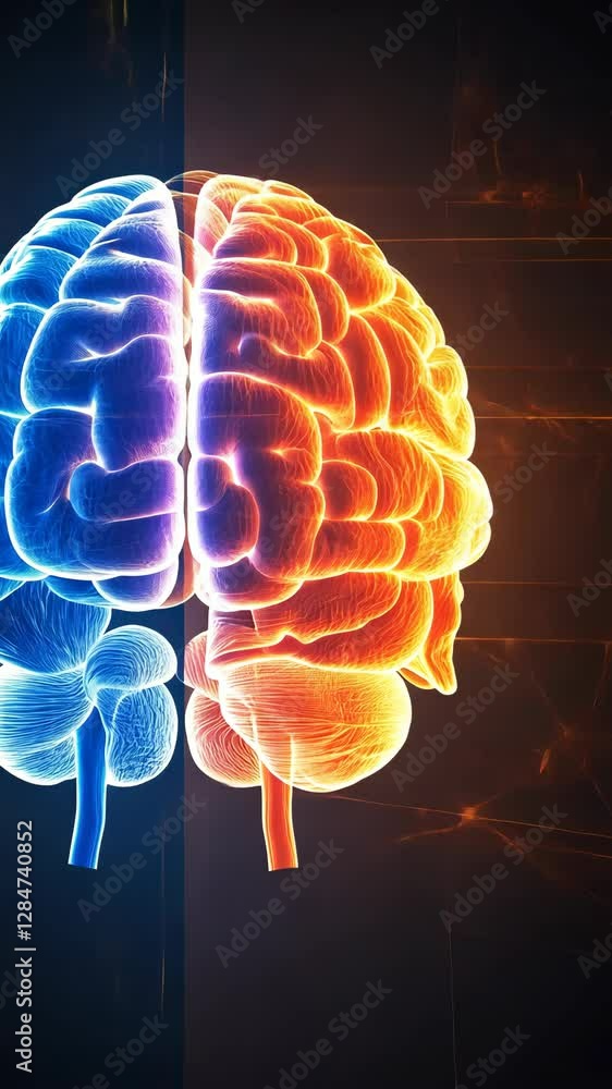 Aufkleber visualization of a human brain showcasing contrasting colors and neural activity in a digital art se