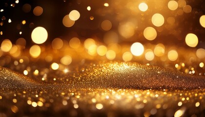 Close-up of a glittering golden surface with a blurred background of golden lights, creating a bokeh effect