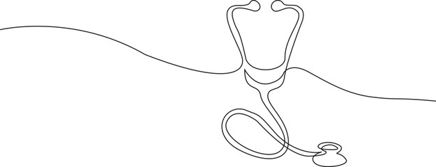 Medicine stethoscope single continuous line art. Health care World Day medical science research doctor nurse equipment silhouette concept design one sketch online drawing, white vector illustration.