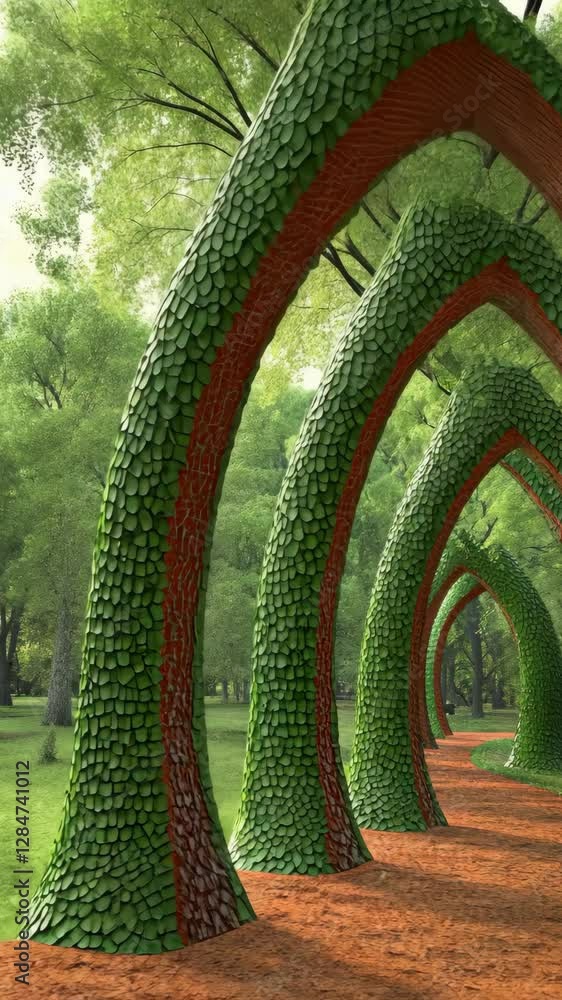 Aufkleber unique green archway of textured trees creating a whimsical path through a lush forest setting
