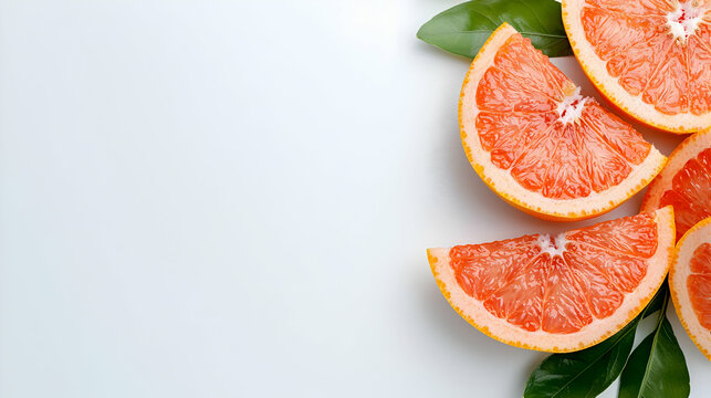 Juicy grapefruit slices, leaves, white background, food blog