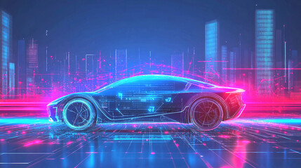 Electric Car in Cyber City: A futuristic electric sports car is showcased in a vibrant, neon-lit cyber city, symbolizing innovation, technology, and the future of transportation. 