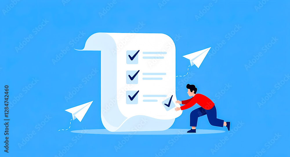 Poster person enthusiastically checking off tasks on a large checklist