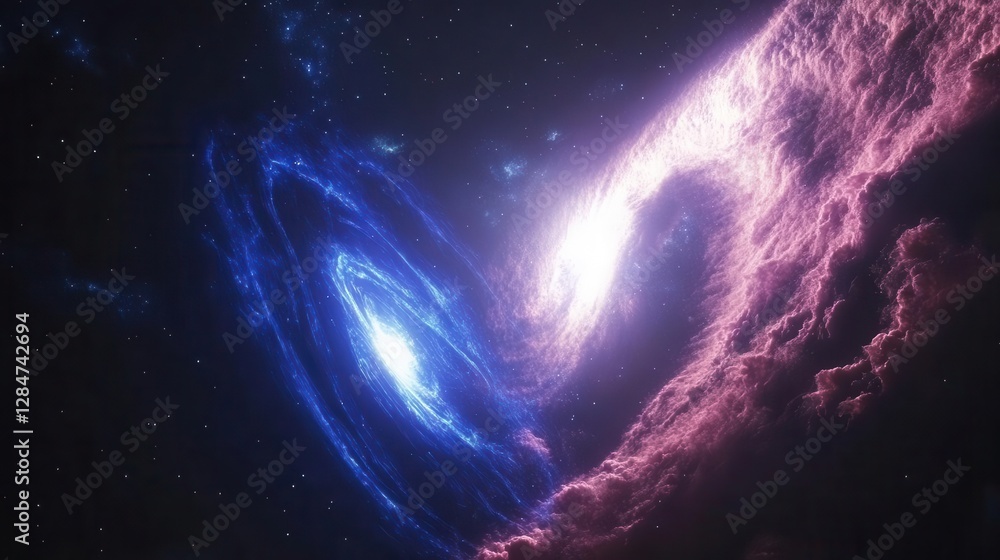 Poster cosmic aurora dance in deep space with electric blue plasma waves and magenta nebula clouds creating