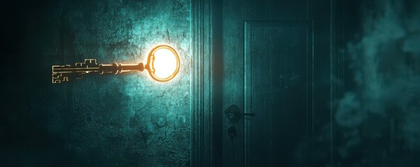 Glowing key unlocks mysterious door in dimly lit room with textured walls