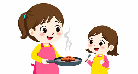 smiling mother and daughter joyfully cook a steak together in their kitchen