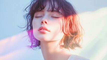 Portrait of a young woman illuminated by a ray of soft multi-colored light. Concept of inner peace and spiritual awakening. Calm aesthetics, minimalism with a sense of cosmic wonder.
