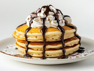 Decadent Homemade Breakfast Stack of Golden Fluffy Pancakes Drizzled with Dark Chocolate and Fresh Whipped Cream on Elegant White Background