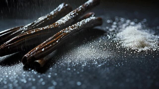 Dark vanilla beans sprinkled with sugar on a textured surface in a cozy kitchen setting