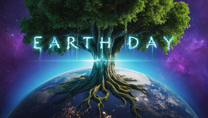 Planet Earth. View from space. Large tree. Text: Earth Day.