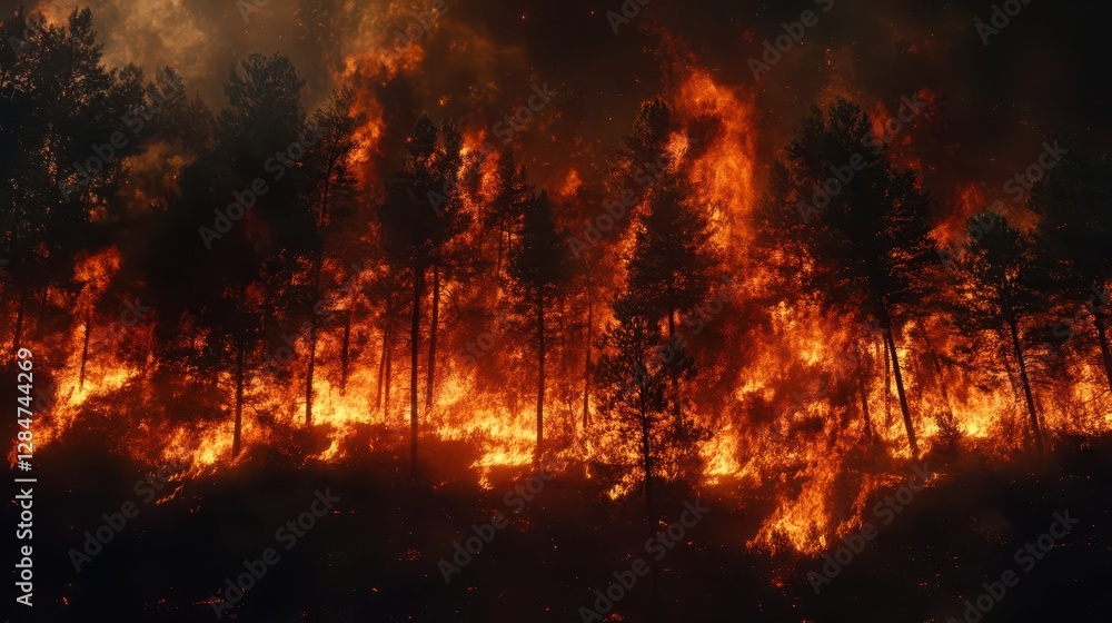 Poster dramatic forest wildfire engulfing trees in intense flames with a high-tech monitoring overlay, capt