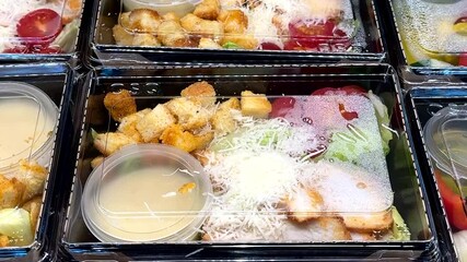 Balanced meals for workers packed in a plastic container for sale at a general food store. Enjoy a variety of delicious dishes made with fresh fruits, juicy vegetables, and delicious cheese and meat.