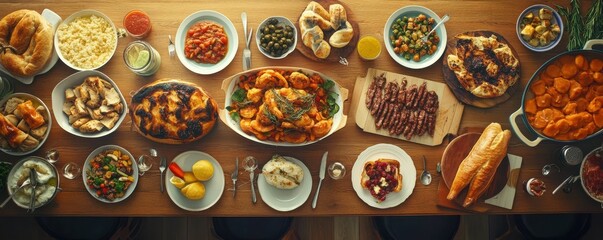 Diverse mediterranean feast with grilled meats, vegetables, and fresh bread spread on wooden table