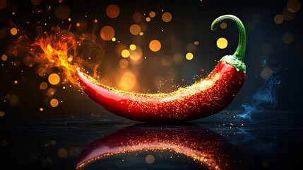 On a dark backdrop, a fiery red chili pepper with water droplets is enveloped in flames
