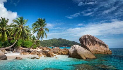 palm trees by the sea in a tropical beach with granite rocks