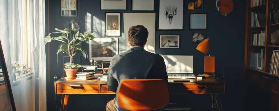 Man sitting at wooden desk in cozy home office with art on walls