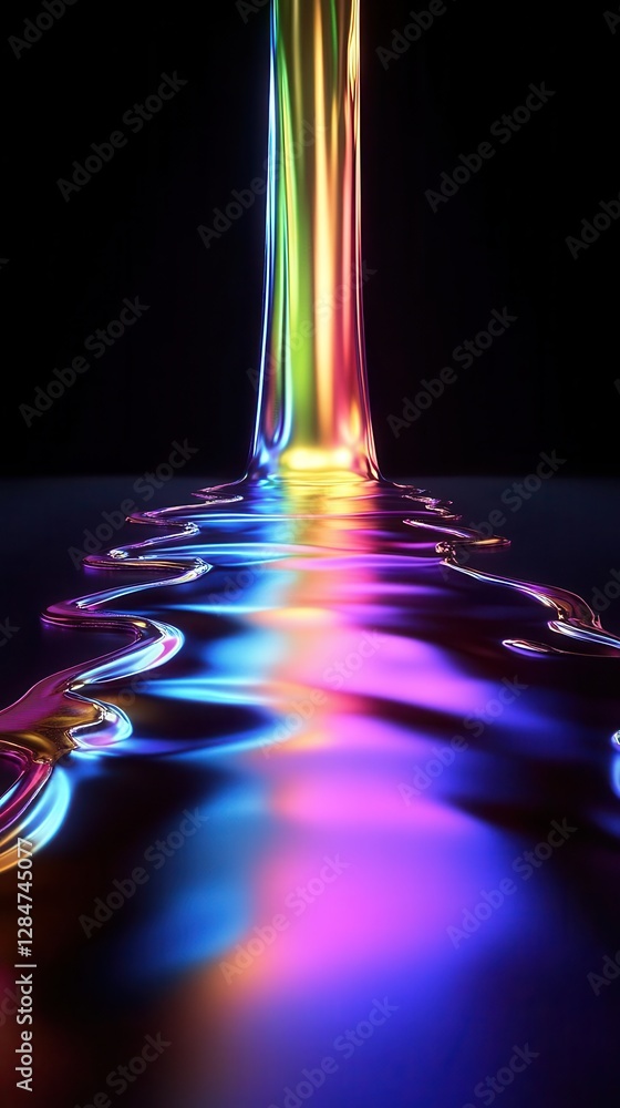 Poster dynamic liquid metal flow abstract background with rainbow chromatic effect and smooth metallic text