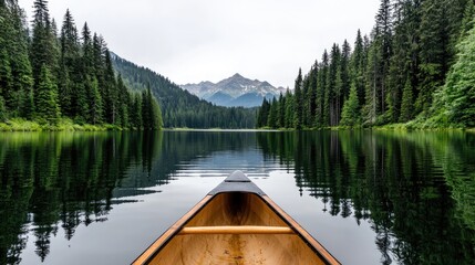 Obraz premium Serene Kayak on Mountain Lake; Calm Forest Water Reflection; Scenic Outdoor Recreation; Stock Photo