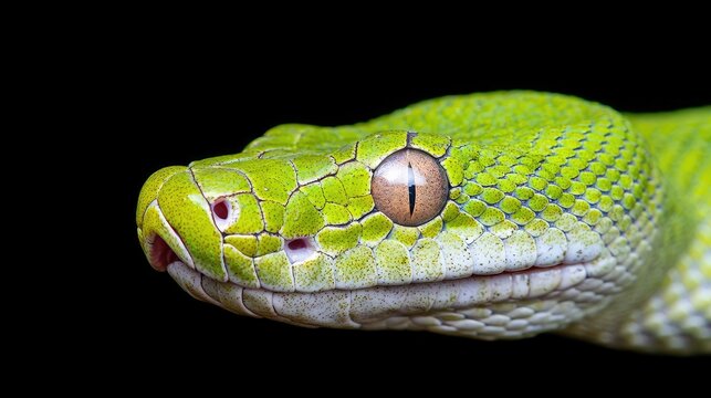 Green tree python close-up, studio shot, black background, reptile portrait, wildlife photography