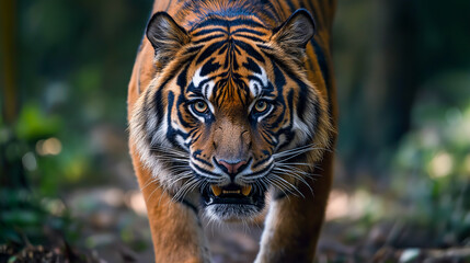 Obraz premium Close-Up Portrait of a Majestic Tiger Seen from the Front, Showcasing Its Intense Gaze, Striking Orange Fur, and Bold Black Stripes in Stunning Detail