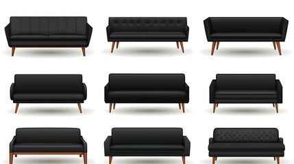 Nine modern black sofas with varying shapes and styles are shown