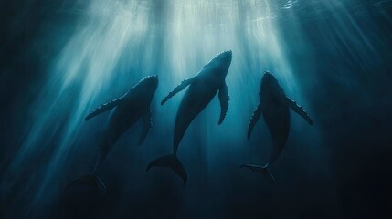 Fototapeta premium A glimpse beneath the waves where a whale and sharks are illuminated by sunlight