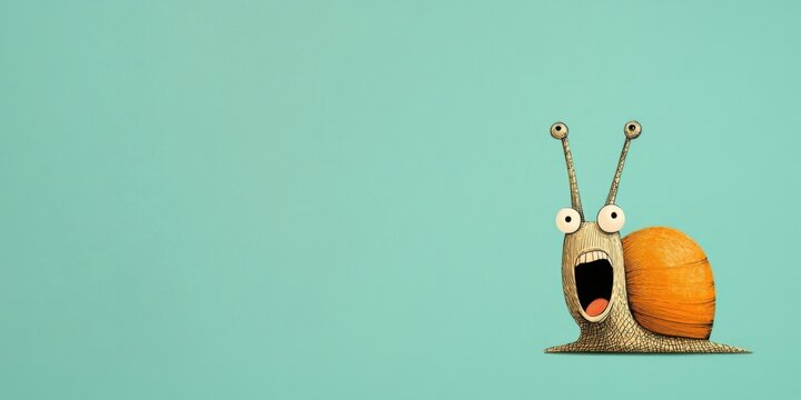 A funny cartoon snail character featuring big expressive eyes and a vibrant orange shell
