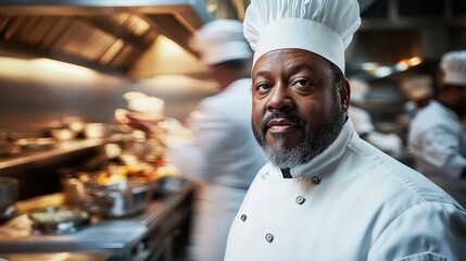 A confident middle-aged chef stands proudly in a bustling kitchen, showcasing his culinary expertise and leadership in the restaurant industry.