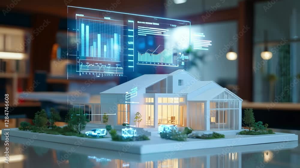 Poster a detailed model of a smart home displays augmented reality data visualizations, showcasing modern t