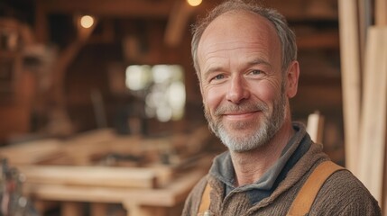 Obraz premium A middle-aged male carpenter stands proudly in his workshop, smiling amidst the wooden tools and materials. This portrait captures the essence of craftsmanship and dedication.