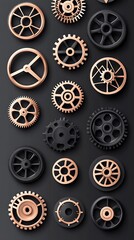 An arrangement of various gears in gold and black colors