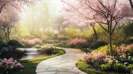 Enchanted Garden Paradise with Blooming Cherry Blossoms and Winding Stone Pathways Leading to a Hidden Zen Water Feature