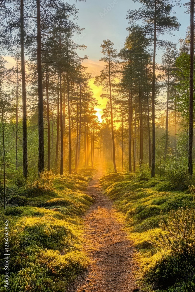 Poster enchanted nordic forest path with ancient pine trees covered in emerald moss during golden hour
