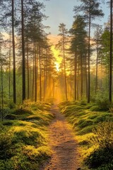 Obraz premium Enchanted Nordic Forest Path with Ancient Pine Trees Covered in Emerald Moss During Golden Hour