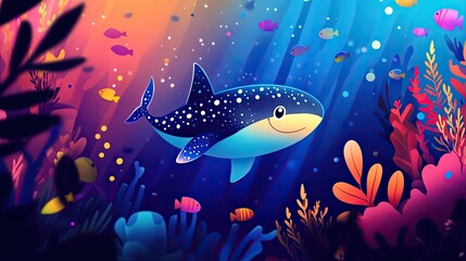 An underwater marvel showcasing a whale shark amidst colorful, lively fish