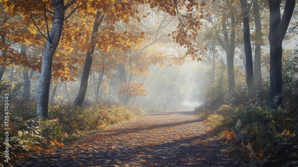 Aufkleber enchanting autumn forest path through golden maples with sunlight breaking through branches creating