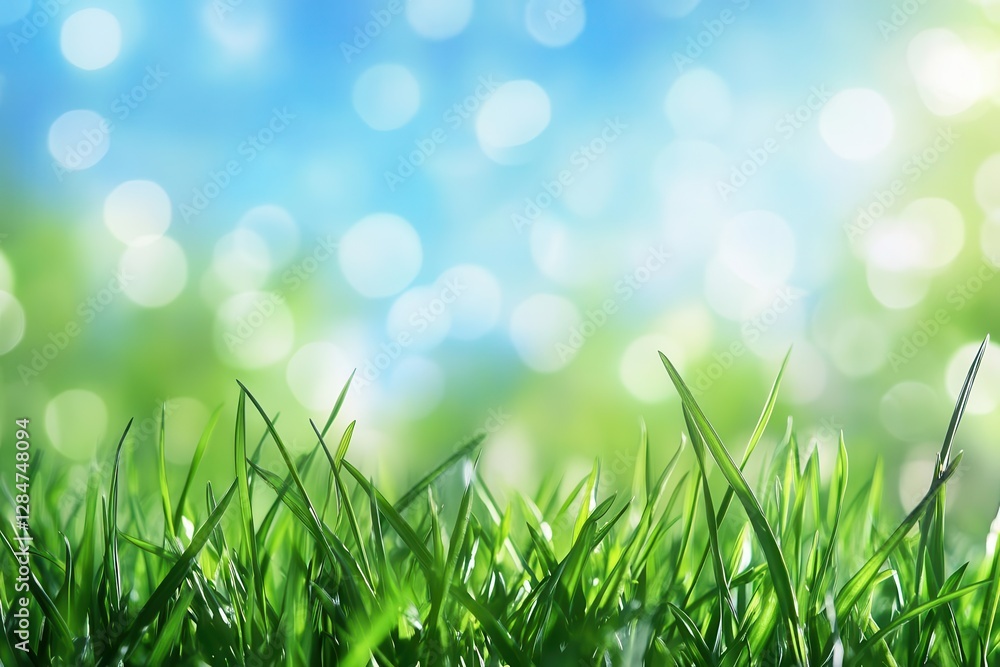 Poster enchanting sunny spring meadow with lush green grass, clear blue sky, and delicate light bokeh creat