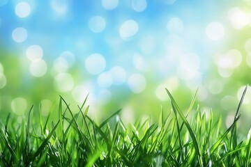 Enchanting Sunny Spring Meadow with Lush Green Grass, Clear Blue Sky, and Delicate Light Bokeh Creating an Inviting Abstract Natural Background for Design Projects
