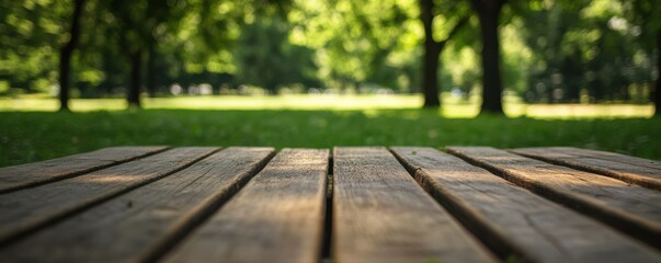 Fototapeta premium Wooden park bench in a sunlit green park with blurred trees and grass background