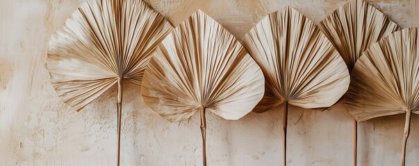 Decoratively arranged dried palm leaves creating a textured wall display in natural light