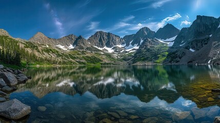 Naklejka premium Epic Mountain Lake Reflection Under Aurora Borealis with Milky Way Galaxy